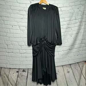 Abby Kent Vintage Black Glam Draped Sequinned High-Low Evening Dress size 10
